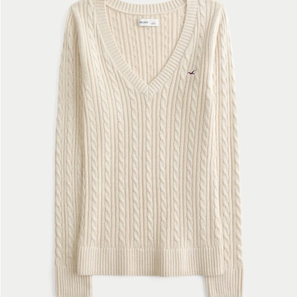 NWT Hollister 2025 Vault Women's V-Neck Cable Knit Sweater - Cream - Oatmeal
